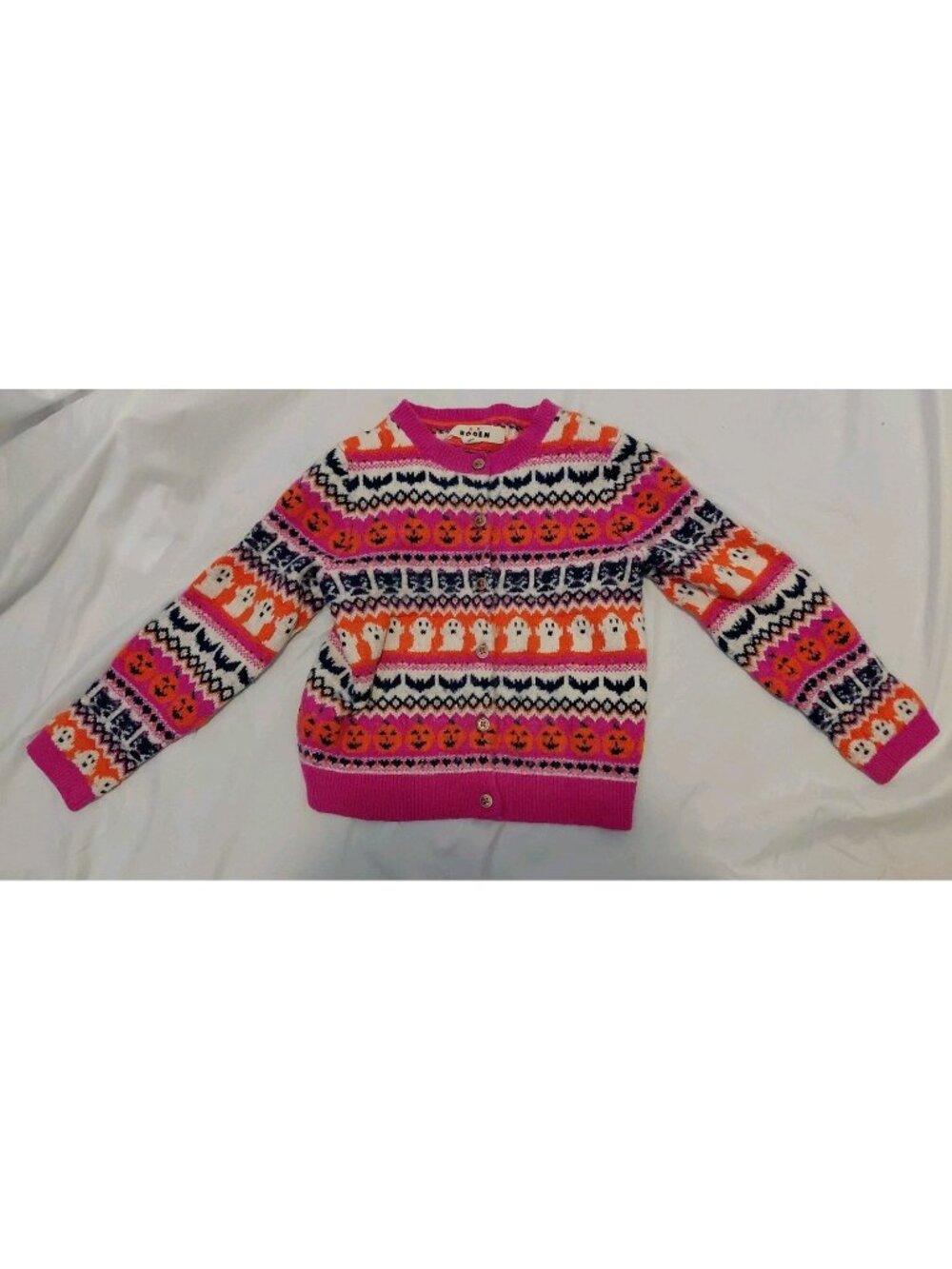 Mini Boden Halloween Fair Isle Cardigan Sweater Cats Pumpkins Ghosts Bats 7-8